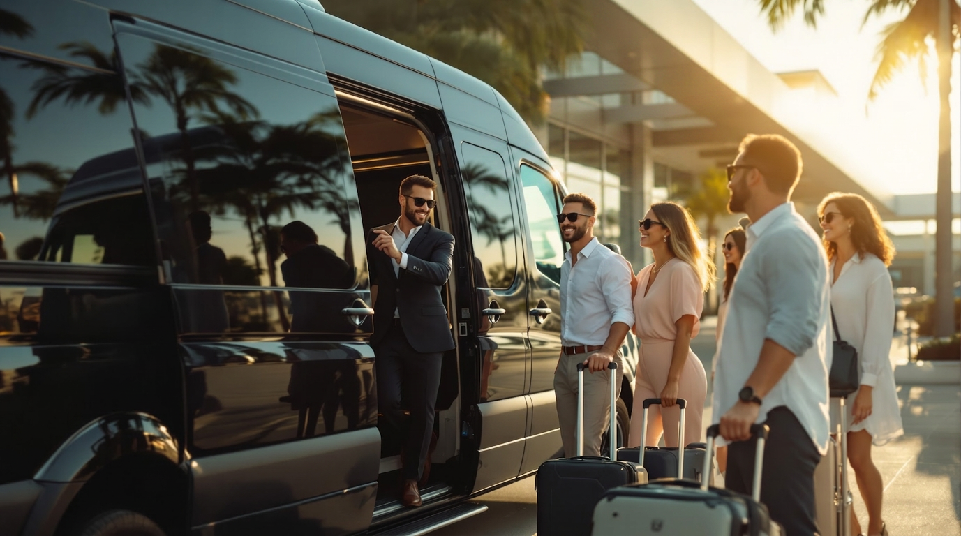 Group of travelers being greeted at the JAX airport curb by a luxury Mercedes Sprinter van and driver during golden hour.