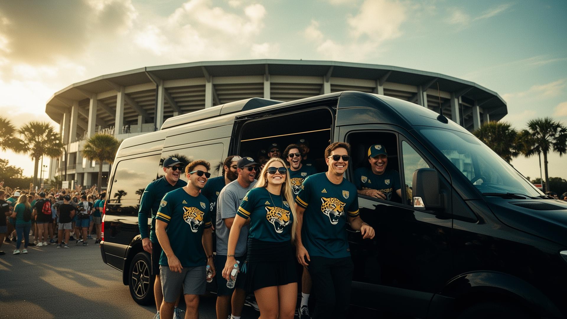 Group of Jaguars fans stepping out of a black Mercedes Sprinter van outside EverBank Stadium on game day.