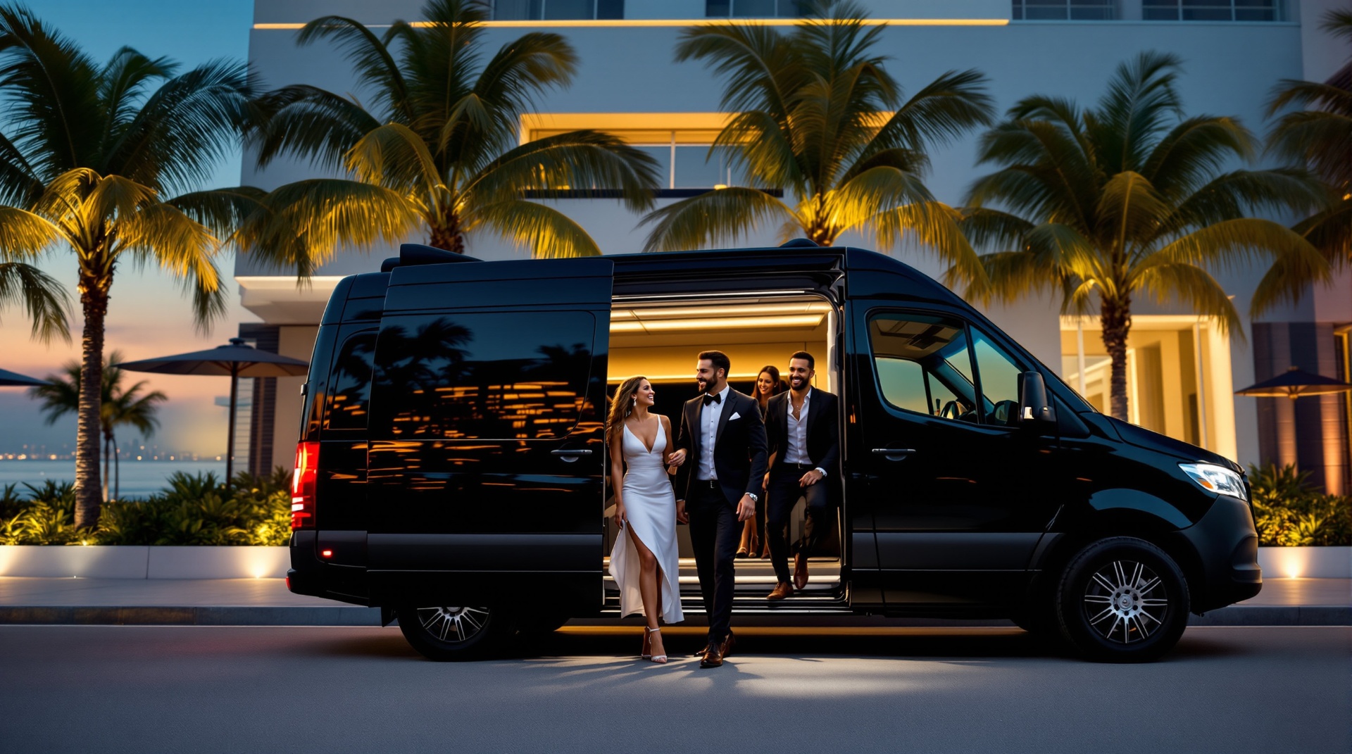 Stylishly dressed group stepping out of a black Mercedes Sprinter van at an upscale Jacksonville Riverwalk venue at dusk.